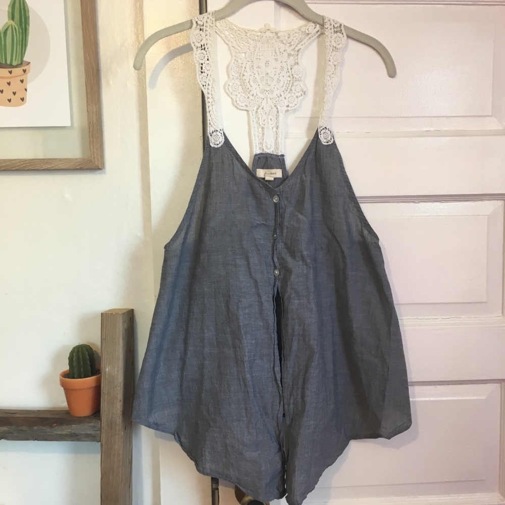 Free swinging crochet/ chambray vest